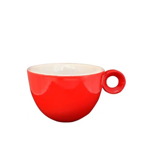 Vooraanzicht van rood-witte porseleinen Rondo Koffie kop 15 cl. met ronde vorm en klassiek oor.