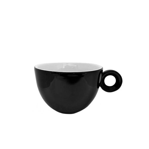 Vooraanzicht van zwart-witte porseleinen Rondo Koffie kop 15 cl. met ronde vorm en klassiek oor.