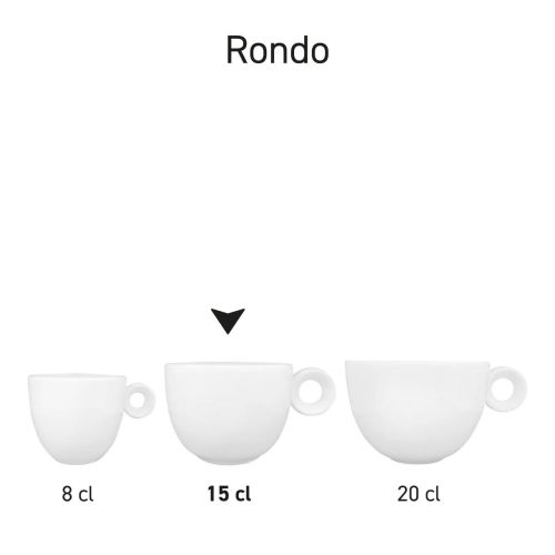 Serie van Rondo Koffie kopjes porselein, naast elkaar afgebeeld mett verschillende inhouden.