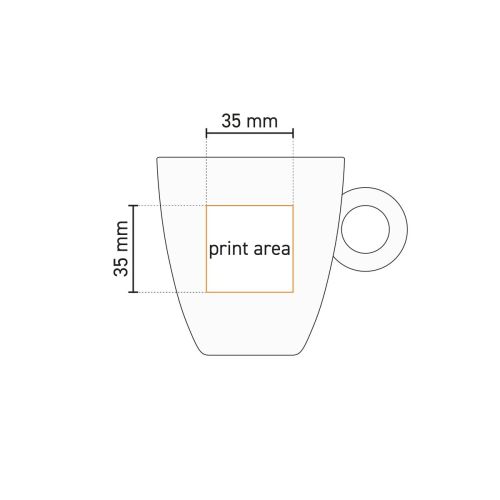 Technische werktekening met aanduiding van het drukgebied op de Rondo mok 19 cl. porselein.
