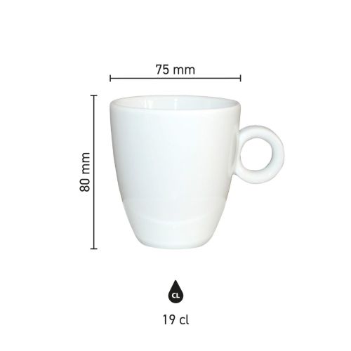 Infographic met maatvoering van porseleinen Rondo mok 19 cl. inclusief hoogte en diameter.