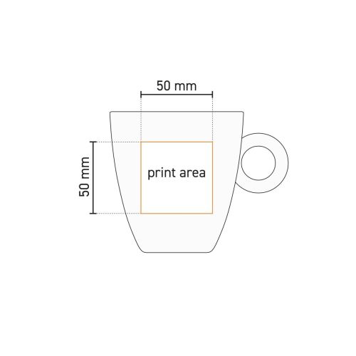 Technische werktekening van Rondo mok 25 cl. porselein met gemarkeerd drukgebied op voorzijde.