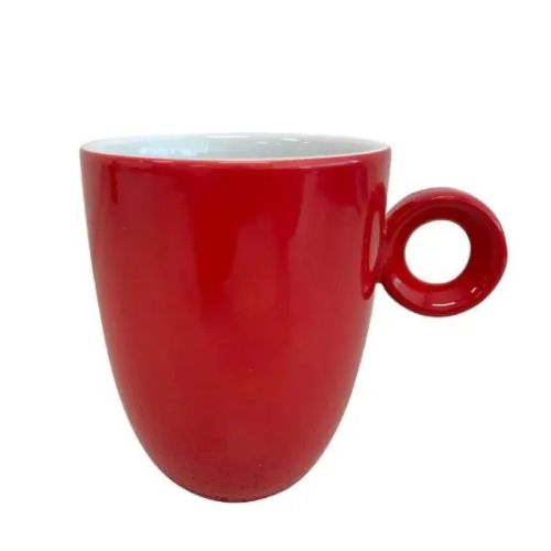 Rood-witte porseleinen Rondo mok van 25 cl in recht vooraanzicht met zichtbare oorvorm en glad oppervlak.
