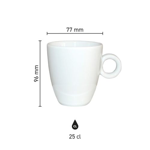 Infografphic met maatvoering van Rondo mok 25 cl porselein, inclusief hoogte en diameter.