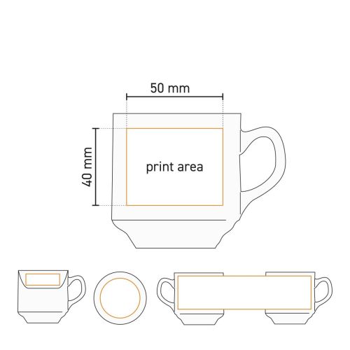 Technische werktekening met aanduiding van drukgebied op het Sara Koffie Kop wit 14 cl