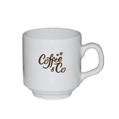 Sara Koffie Kop wit 14 cl. met zwart CoffeeCo-logo in één kleur op de voorzijde gedrukt.