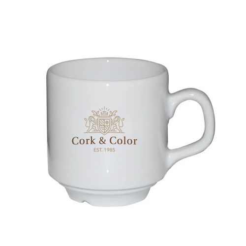 Sara Koffie Kop wit 14 cl. met meerkleurig CorkColor-logo gecentreerd op de voorkant.