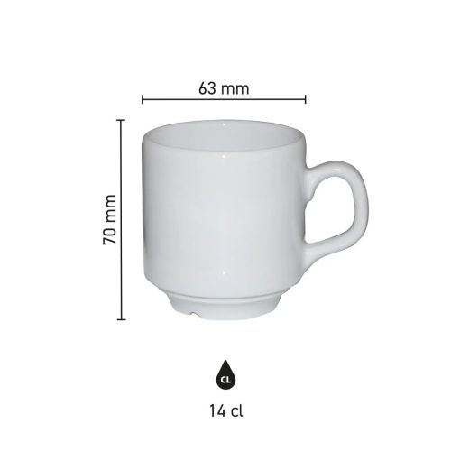 Infographic toont hoogte, diameter en inhoud van de Sara Koffie Kop wit 14 cl.