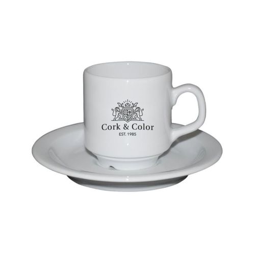 Sara koffie wit 14 cl. set porselein vooraanzicht met bedrukt CorkColor logo in één kleur.