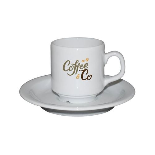 Voorzijde van Sara koffie wit 14 cl. set porselein met CoffeeCo logo bedrukt in meerdere kleuren.