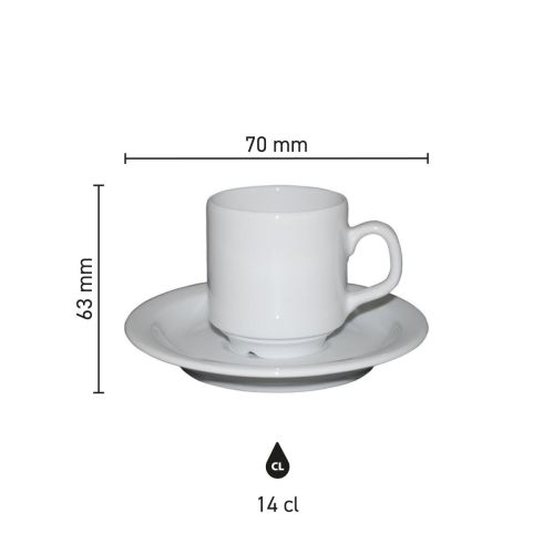 Infographic met productafmetingen van Sara koffie wit 14 cl. set porselein kop en schotel.