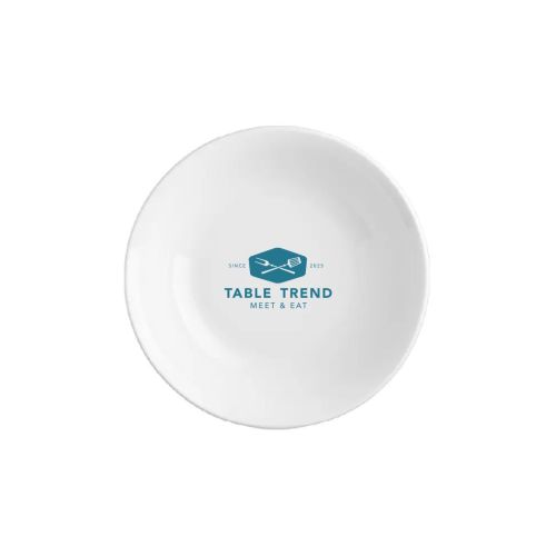 Vooraanzicht van porseleinen schaal 13 cm met TableTrend-logo in één druktoon voor branding.