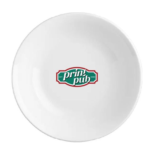 Witte schaal Princip 23 cm bedrukt met meerkleurig PrintPub-logo op de voorzijde.