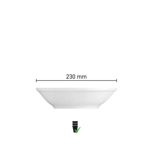 Infographic met afmetingen van schaal Princip 23 cm porselein, inclusief diameter en hoogte.