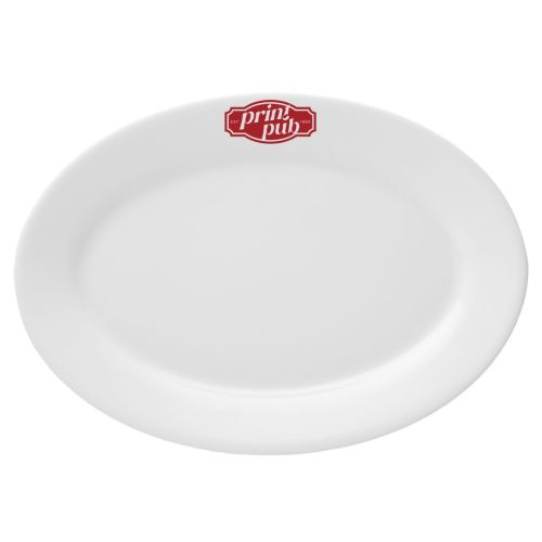 Vooraanzicht van porseleinen schaal Princip 36 cm met rood logo PrintPub.