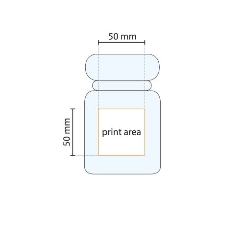 Afbeelding toont het drukgebied van de glazen snoeppot 395 ml, bedoeld voor logo- of tekstbedrukking.
