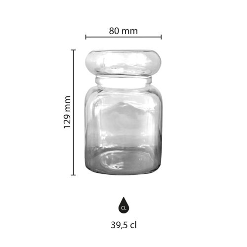 Infographic met productafmetingen van glazen snoeppot Classic 395 ml, inclusief hoogte en diameter.