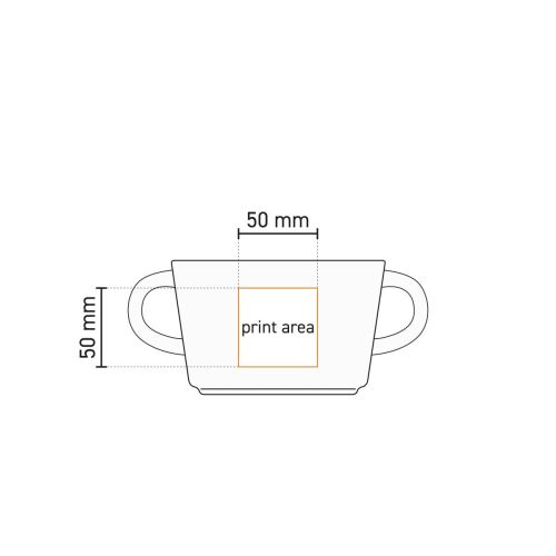 Werktekening van Budgetline soepkop 30 cl porselein met duidelijk gemarkeerd drukgebied.