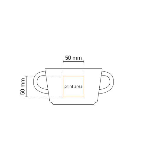 Technische werktekening van Budgetline Neo soepkop 30 cl porselein met gemarkeerd drukgebied.