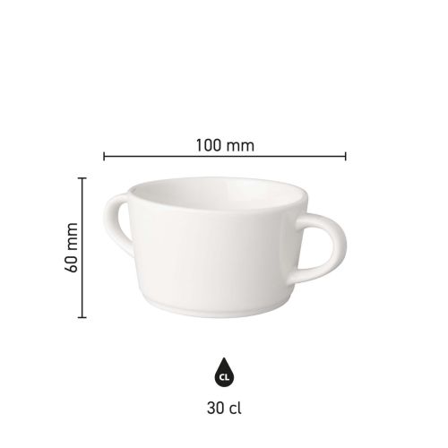 Infographic toont productafmetingen van soepkop Budgetline Neo 30 cl porselein met diameter en hoogte.