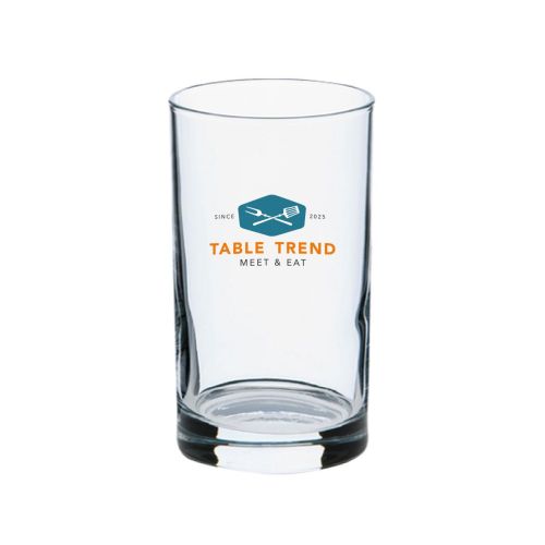 Spatjesglas 21 cl van glas met meerkleurig TableTrend-logo op het vooraanzicht bedrukt.