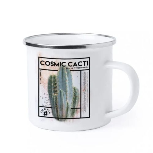 Metalen sublimatiemok wit 37 cl met full colour CosmicCacti-logo aan de voorkant.