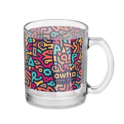 Full-colour opdruk van het artwofolkarts-logo op de voorzijde van de glazen Sublimok Kitty mok van 30 cl.