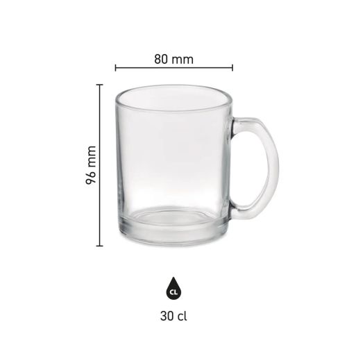 Infographic toont de exacte afmetingen van de Sublimok Kitty glas 30 cl mok, inclusief hoogte en diameter.