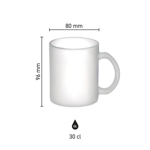 Infographic toont de productafmetingen van de Sublimok Kitty glas mat 30 cl. inclusief hoogte en diameter.