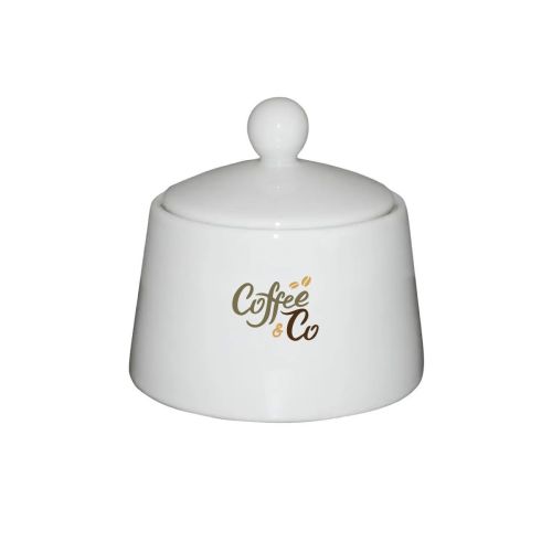 Porseleinen suikerpot Eva 20 cl. met éénkleurig CoffeeCo-logo op het voorvlak gedrukt.
