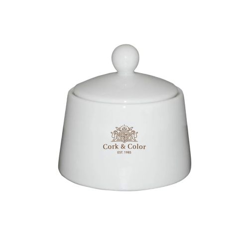 Witte suikerpot Eva porselein 20 cl. met meerkleurig CorkColor-logo op de voorzijde.