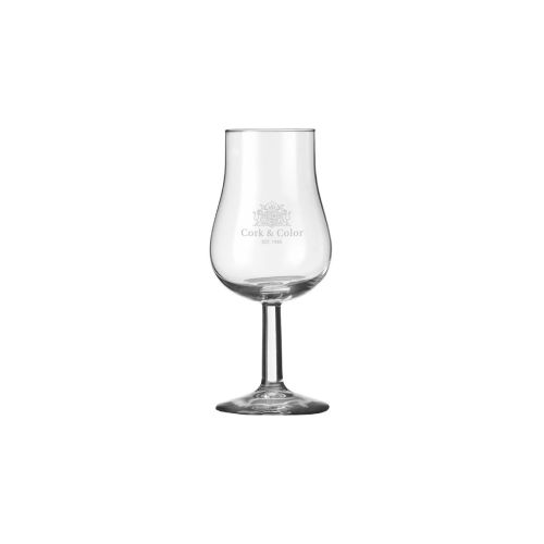 Tasting glass 13 cl. glas vooraanzicht met gegraveerd logo CorkColor.
