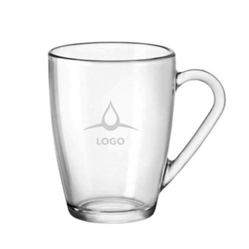 Theeglas Icon 32 cl met gegraveerd logo zichtbaar op de voorzijde van het glasoppervlak.