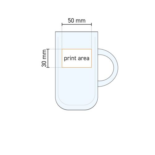 Technische werktekening met aanduiding van het druk- en graveergebied op theeglas Iconic 27 cl.