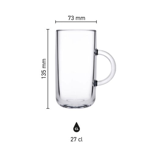 Infographic toont hoogte, diameter en inhoud van het theeglas Iconic 27 cl.