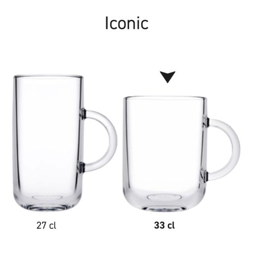 Infographic toont hoogte, diameter en inhoud van het theeglas Iconic 33 cl.