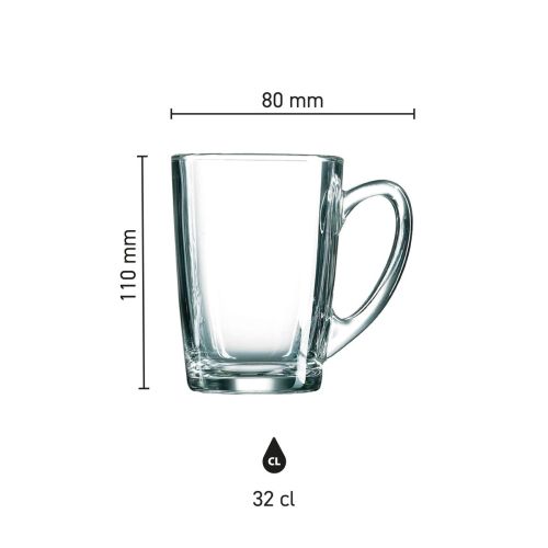 Infographic met productafmetingen van theeglas New Morning Hoog 32 cl. toont hoogte en diameter.