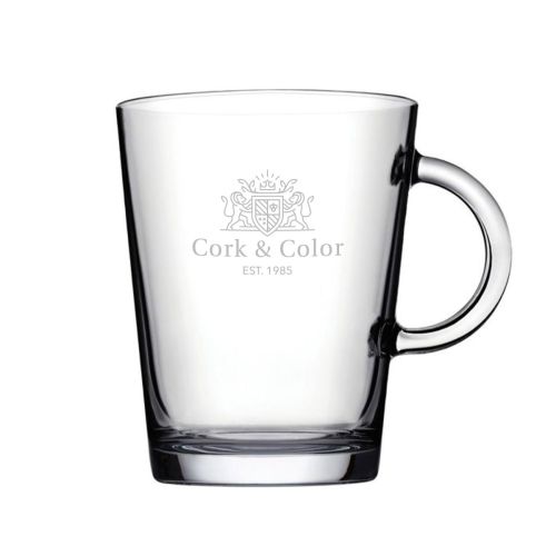 Gravure van CorkColor-logo gecentreerd op de voorzijde van het glazen theeglas Tribeca 29 cl.