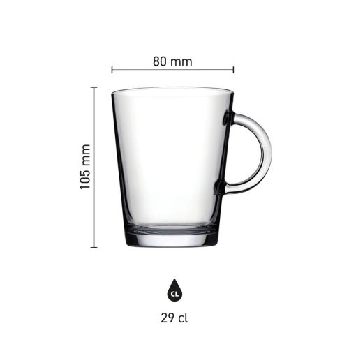 Infographic met hoogte, diameter en volume van het theeglas Tribeca 29 cl. graveren.