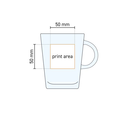 Technische werktekening met aanduiding van het drukgebied voor gravure op het theeglas Tribeca 40 cl.