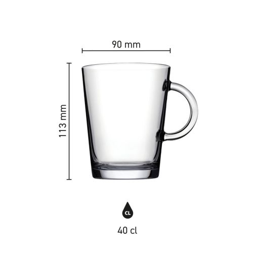 Infographic met maatvoering van het glazen theeglas Tribeca 40 cl. geschikt voor graveren.