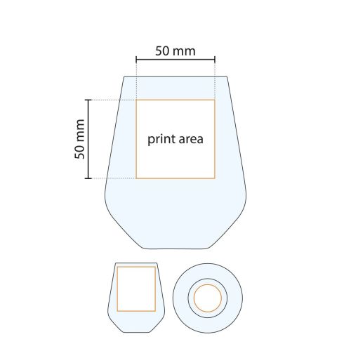 Technische werktekening van het tumblerglas Allegra met markering van het drukgebied voor logo- of tekstbedrukking.