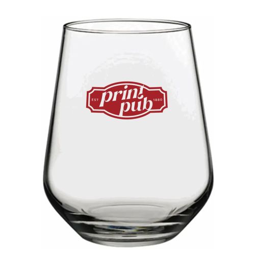 Tumblerglas 42,5 cl met PrintPub-logo in één kleur op de voorzijde bedrukt, duidelijk zichtbaar op het glas.