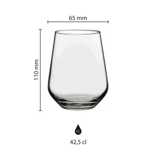 Infographic toont de afmetingen van het tumblerglas Allegra 42,5 cl. inclusief hoogte en diameter.