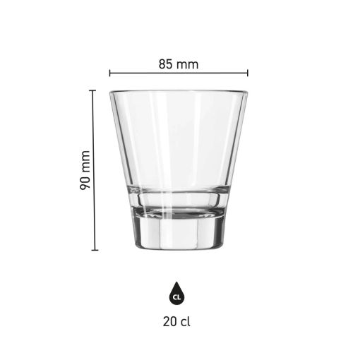 Infographic met productafmetingen van het Libbey Endeavor 20 cl tumblerglas met schaalverdeling.