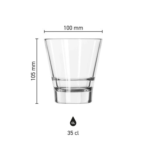 Infographic met afmetingen van het Tumbler Libbey Endeavor glas 35 cl. inclusief hoogte en diameter.