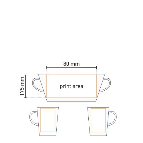 Technische werktekening van Victor mok 24 cl. porselein met markering van het drukgebied.