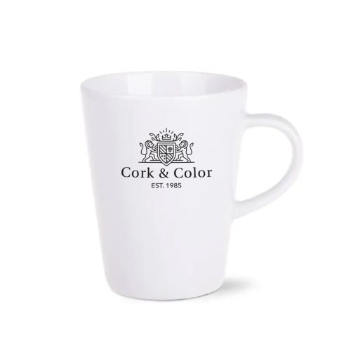 Porseleinen Victor mok 24 cl in vooraanzicht, voorzien van éénkleurig CorkColor logo op het middenvlak.