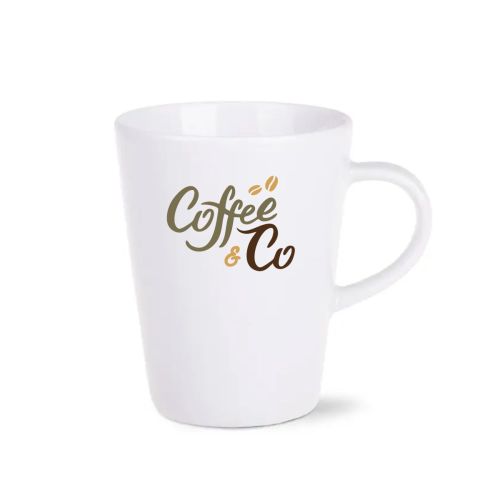 Porseleinen Victor mok 24 cl, vooraanzicht met opvallend CoffeeCo logo in meerdere kleuren.