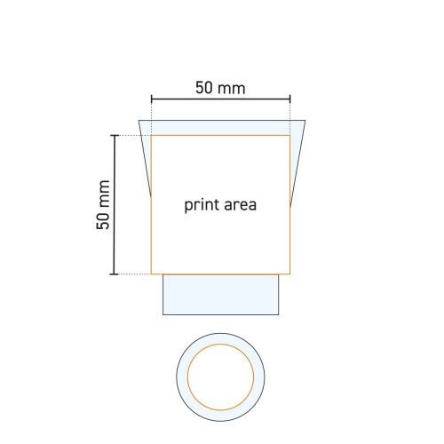 Technische werktekening van het Cafeïno 9 cl waterglas met gemarkeerd drukgebied voor bedrukking.
